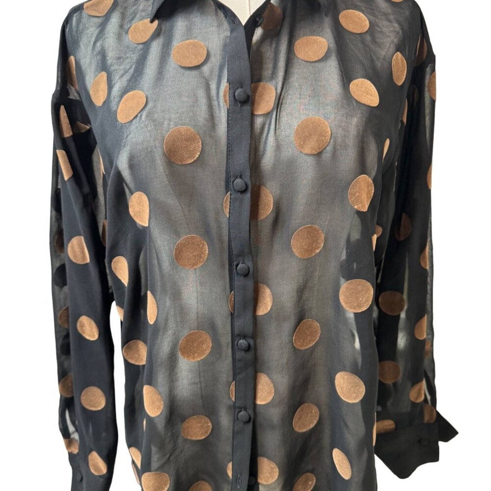 2/$30 Zara XS Basic Sheer Black & Brown Polka Dot Long Sleeve Button-Up Blouse